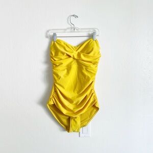 yellow maillot swimsuit 1pc bathing suit swim one piece gathered retro vintage M